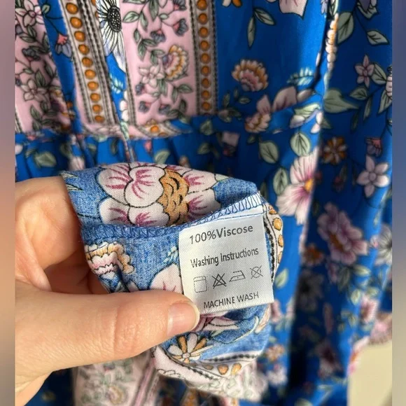NWT Bluetime Summer Dress Boho V Neck 3/4 Sleeve Babydoll Floral Viscose Sz XL - Picture 12 of 13